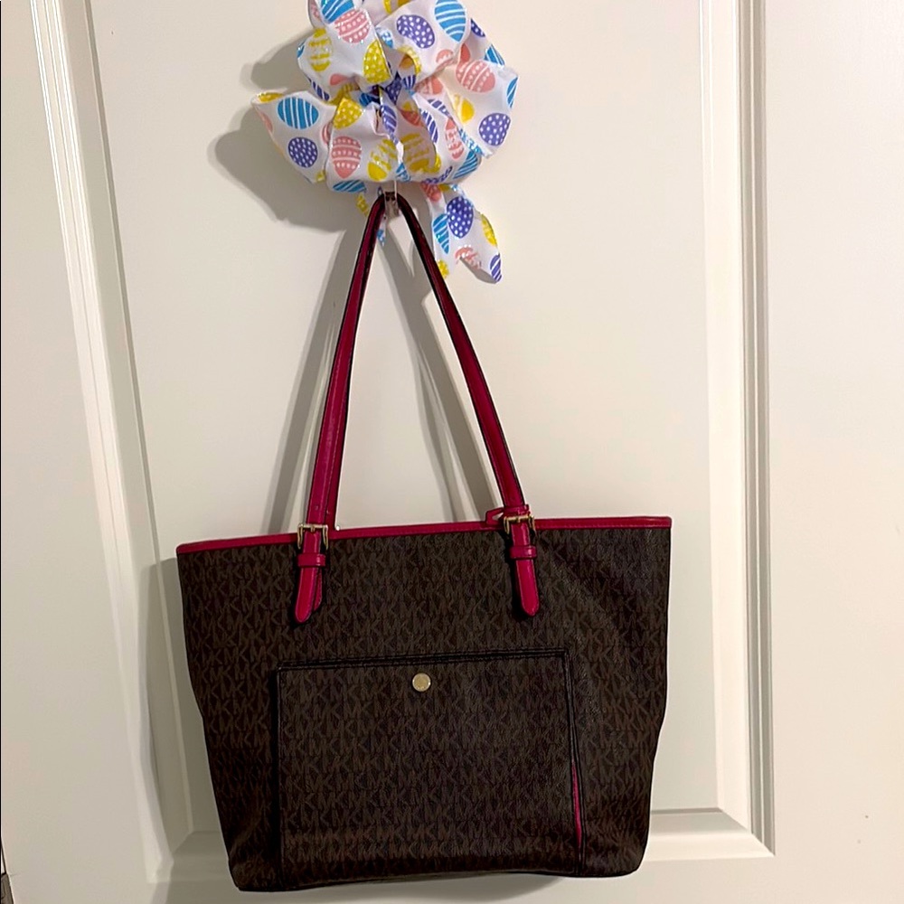 Michael Kors Pink and Brown Tote Bag with Logo Pattern